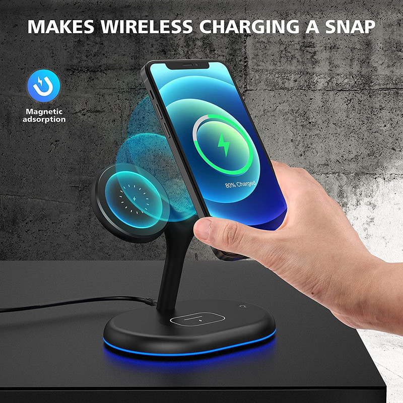Trīs vienā magnētiskais bezvadu lādētāja statīvs 15 W ātrās uzlādes stacija priekš Magsafe iPhone 13 12 Pro Max Apple Watch SE 7 6 5 4 AirPods