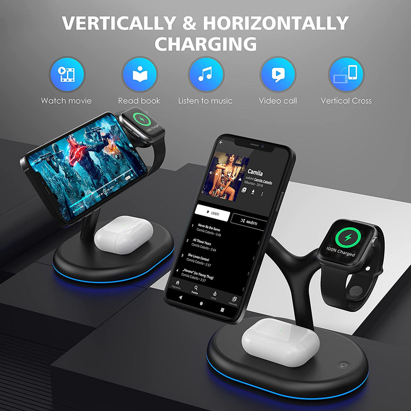 Trīs vienā magnētiskais bezvadu lādētāja statīvs 15 W ātrās uzlādes stacija priekš Magsafe iPhone 13 12 Pro Max Apple Watch SE 7 6 5 4 AirPods