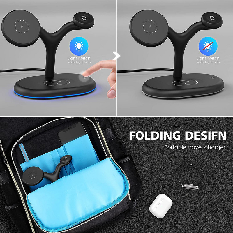 Trīs vienā magnētiskais bezvadu lādētāja statīvs 15 W ātrās uzlādes stacija priekš Magsafe iPhone 13 12 Pro Max Apple Watch SE 7 6 5 4 AirPods
