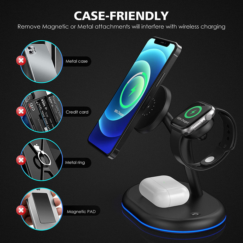 Trīs vienā magnētiskais bezvadu lādētāja statīvs 15 W ātrās uzlādes stacija priekš Magsafe iPhone 13 12 Pro Max Apple Watch SE 7 6 5 4 AirPods