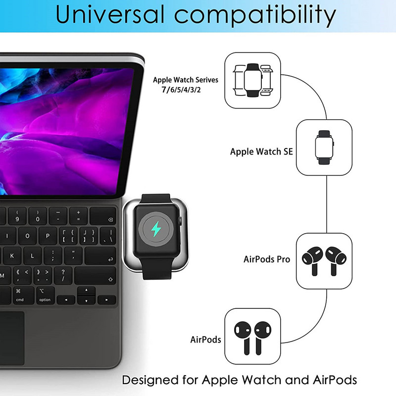 Skirtas Apple Watch įkrovikliui Nešiojamo belaidžio įkroviklio dokas 2 viename Apple Watch Series 7/6/5/SE/Airpods Pro Magnetinis USB-C įkroviklis