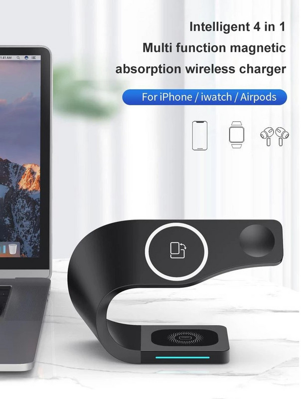 4 viename magnetinis belaidžio įkroviklio stovas, skirtas iPhone 12 Mini Pro Max Apple Watch 6 5 4 3 greito įkrovimo doko stotis, skirta Airpods Pro