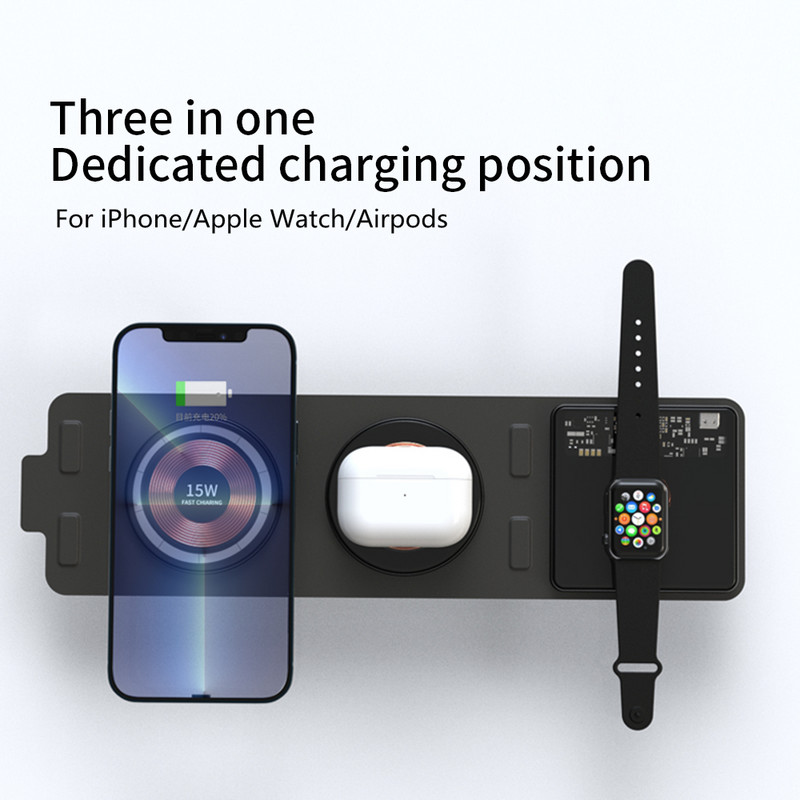 15W 3 u 1 magnetski bežični punjač, podloga za stalak, sklopiva za iPhone 14 13 12 11 Pro Airpods Pro iWatch 8 7 Stanica za brzo punjenje