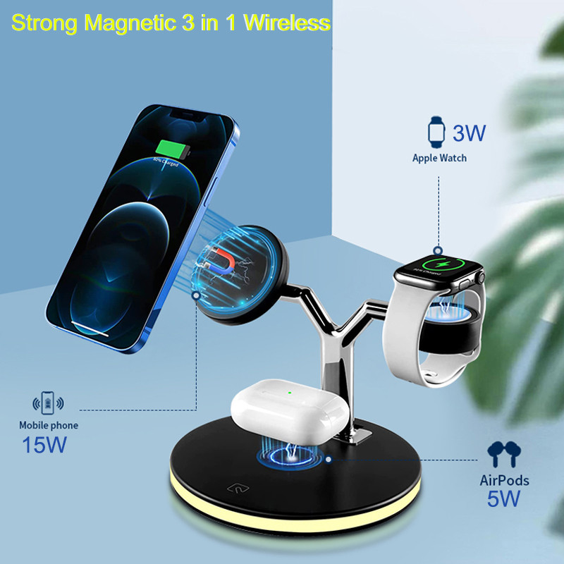 3 viename belaidžio įkroviklio stovas, skirtas iPhone 13 12 Pro Max Mini Magnetinis 15 W greito įkrovimo doko stotelė, skirta Apple Watch AirPods Pro