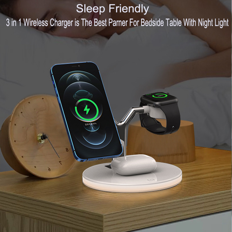 3 viename belaidžio įkroviklio stovas, skirtas iPhone 13 12 Pro Max Mini Magnetinis 15 W greito įkrovimo doko stotelė, skirta Apple Watch AirPods Pro