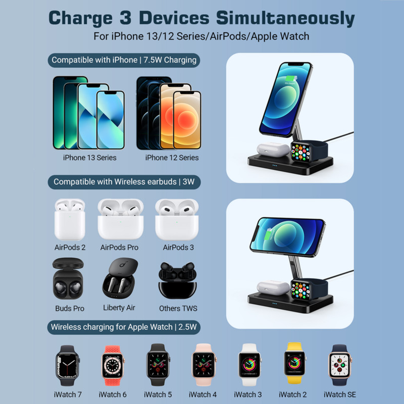 3 u 1 magnetski stalak za bežični punjač 15 W stanica za brzo punjenje za Magsafe iPhone 14 13 12 Pro Max/Mini Apple Watch 7 AirPods