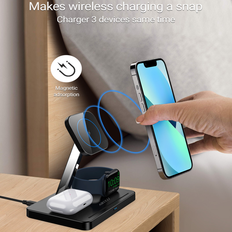 3 u 1 magnetski stalak za bežični punjač 15 W stanica za brzo punjenje za Magsafe iPhone 14 13 12 Pro Max/Mini Apple Watch 7 AirPods