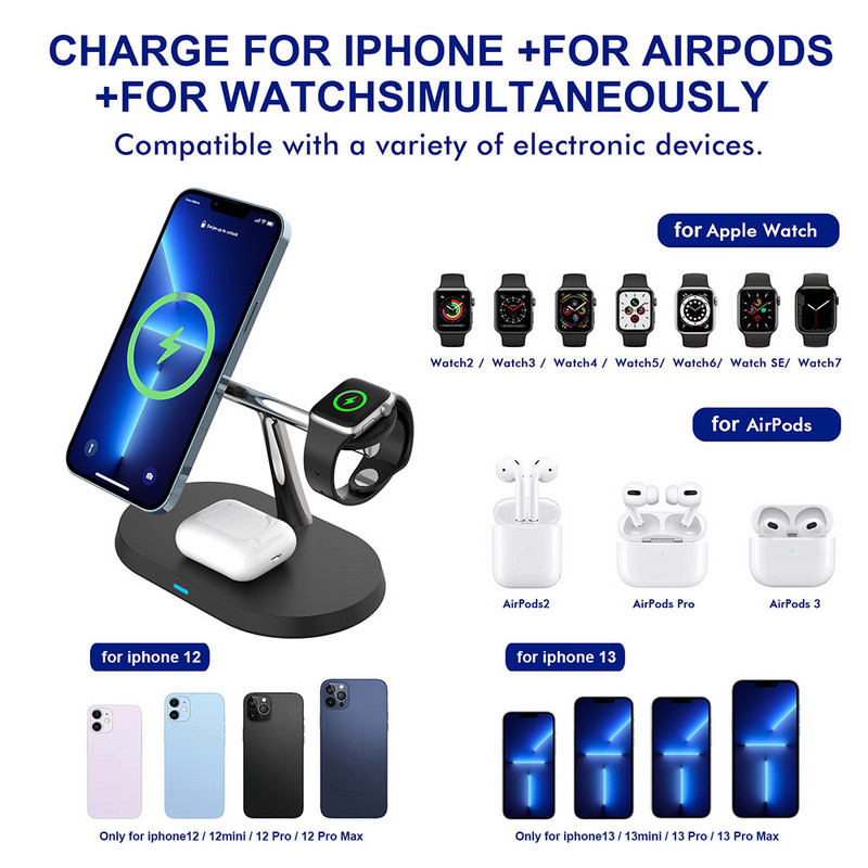 3 viename magnetinis belaidžio įkroviklio stovas, skirtas iPhone 14 13 12 Pro Max Mini Apple Watch Magnet įkrovimo stotis, skirta Airpods iWatch 7