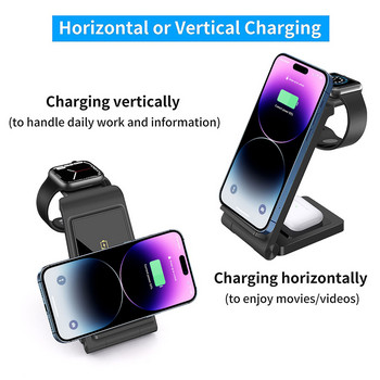 FDGAO 15W Fast 3 σε 1 Wireless Charger Station Dock Stand Για iPhone 14 13 12 11 XS XR X 8 Apple Watch SE 7 6 5 4 Airpods Pro