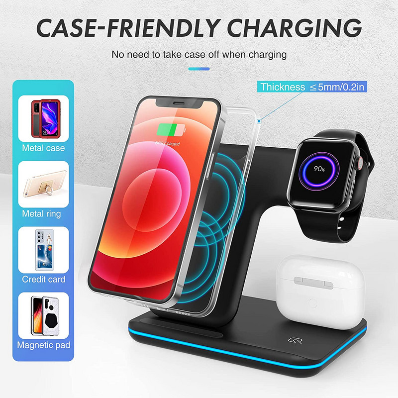 FDGAO 3 u 1 bežični punjač za iPhone 14 13 12 Pro Max Mini 11 XS XR X 8 Brzo punjenje za Apple Watch 8 7 6 Airpods 3 držač
