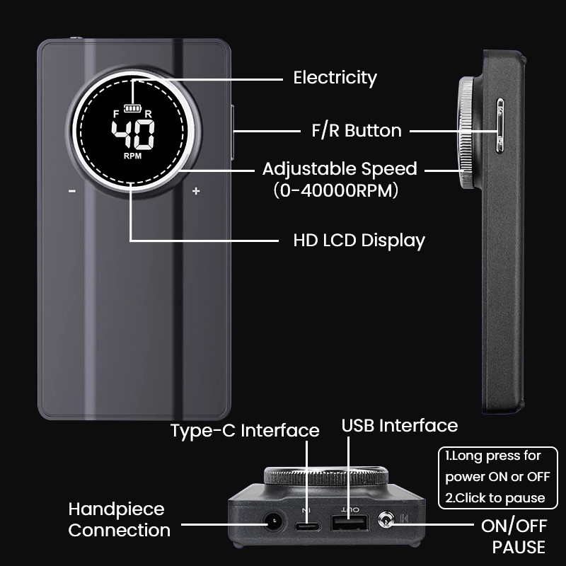 40000 RPM įkraunamas bešepetis nagų gręžimo manikiūras Profesionalus bešepetis variklis, skirtas gelinio lakavimo nagų šlifuokliui nagų dailės įrangai