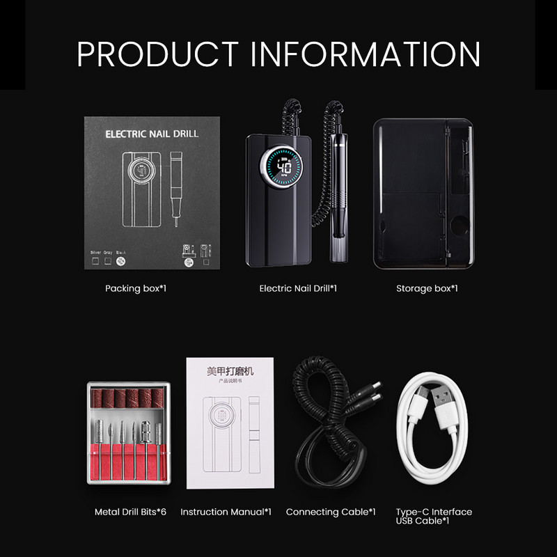40000 RPM įkraunamas bešepetis nagų gręžimo manikiūras Profesionalus bešepetis variklis, skirtas gelinio lakavimo nagų šlifuokliui nagų dailės įrangai