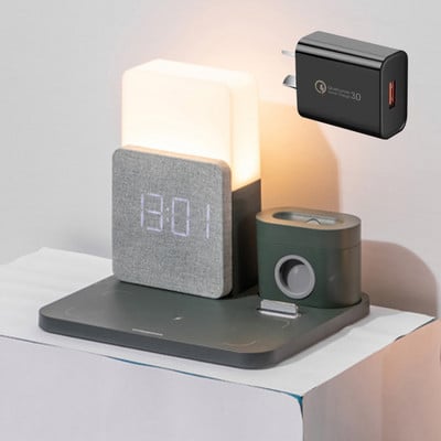 Višenamjenski Qi bežični stalak za punjač za Apple Watch Airpods Pro iPhone 14 Stolna lampa Vrijeme Budilica Stanica za brzo punjenje