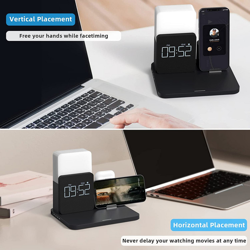 Višenamjenski Qi bežični stalak za punjač za Apple Watch Airpods Pro iPhone 14 Stolna lampa Vrijeme Budilica Stanica za brzo punjenje