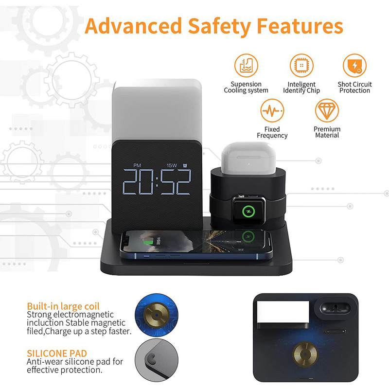 Višenamjenski Qi bežični stalak za punjač za Apple Watch Airpods Pro iPhone 14 Stolna lampa Vrijeme Budilica Stanica za brzo punjenje