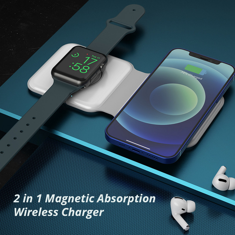 2 u 1 15 W magnetski sklopivi prijenosni bežični punjač za iPhone 14 13 12 Pro Max mini X 8 AirPods Pro 3 Apple Watch 8 7 SE 6