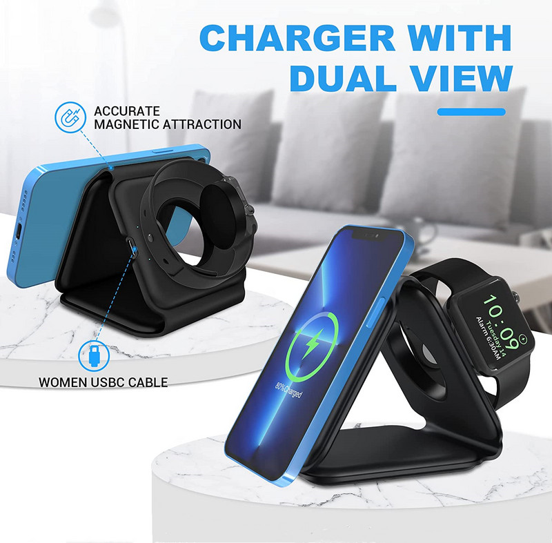 3 u 1 sklopivi magnetski bežični punjač za iPhone 14 13 12 Pro Max Mini 11 prijenosno brzo punjenje za Apple Watch 7 Airpods 3