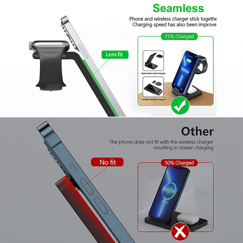 3 u 1 stalak za bežični punjač od 15 W za Apple Watch 8 7 6 5 AirPods Pro iPhone 14 13 12 11 XR X 8 Indukcijska stanica za brzo punjenje
