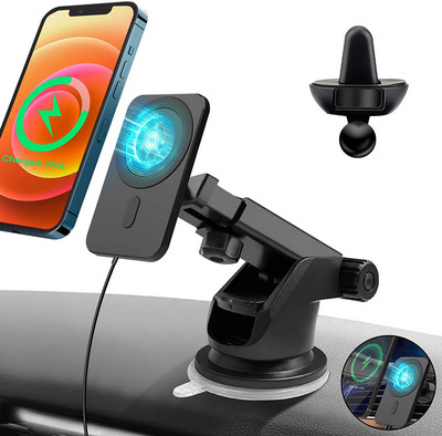 Suport pentru încărcător de mașină fără fir magnetic de 15W pentru iPhone 12mini 12 Pro Max Magsafing Încărcător fără fir de încărcare rapidă Suport pentru telefon de mașină
