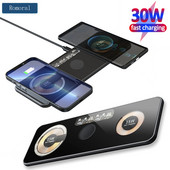 30W magnetski bežični punjač 3 u 1 stalak s dvostrukom podlogom od 15 W za iPhone 14 13 12 Pro/Airpod 3/iWatch 8 7 Transparent Qi brzi punjači