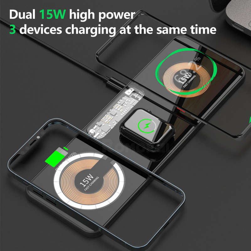 30W magnetski bežični punjač 3 u 1 stalak s dvostrukom podlogom od 15 W za iPhone 14 13 12 Pro/Airpod 3/iWatch 8 7 Transparent Qi brzi punjači