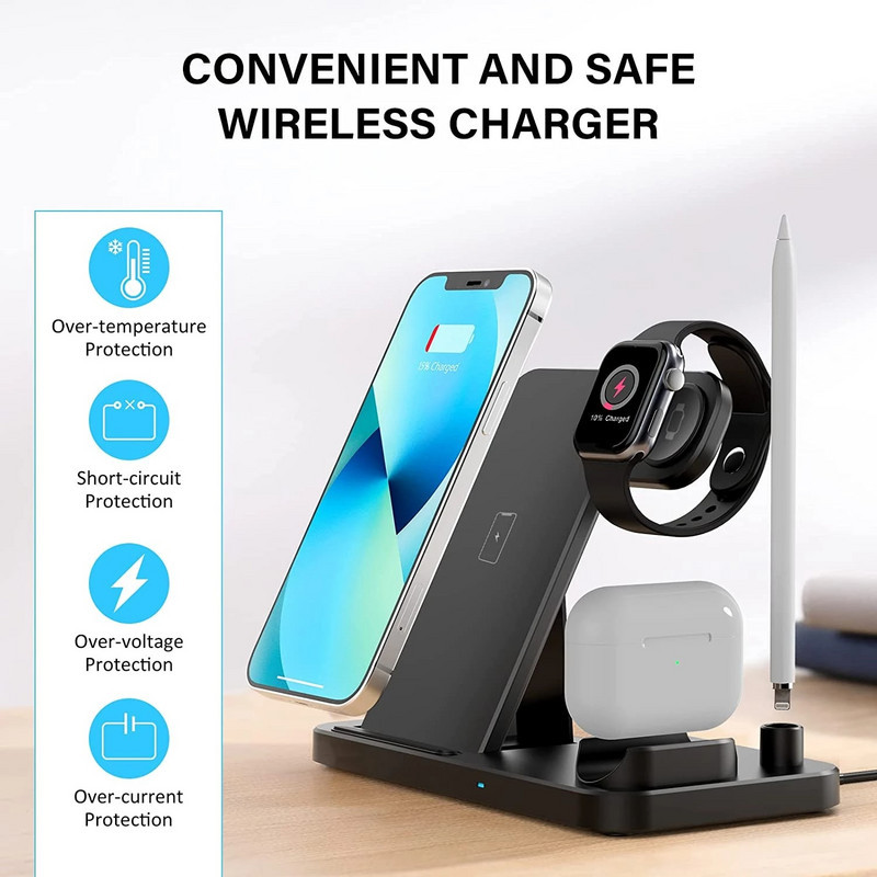 Vezeték nélküli töltő 4 az 1-ben állomás iPhone 13 12 11 Pro XS XR X 8 gyorstöltő dokkolóállványhoz Apple iWatch 6 AirPods ceruzához