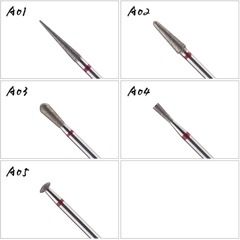 5 tipų deimantiniai nagų grąžtai Rotary Burr odelių švarūs elektriniai antgaliai manikiūrui Gręžimo priedai Nagų frezavimo pjoviklis A01-A05