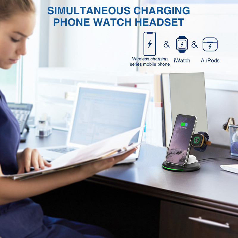 Nabíjačka 3 v 1 pre Fitbit Sense / Sense 2 / Versa 4 / 3, bezdrôtové nabíjanie kompatibilné s iPhone 14/13 Pro, Samsung Galaxy S22/21/Note20