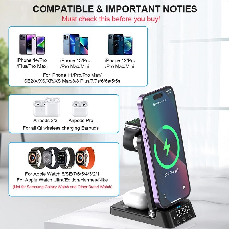 Bežični punjač za iPhone 14 13 12 Pro Max sklopivi 3 u 1 bežični punjač za Apple Watch 8/7 brzi punjač prijenosni