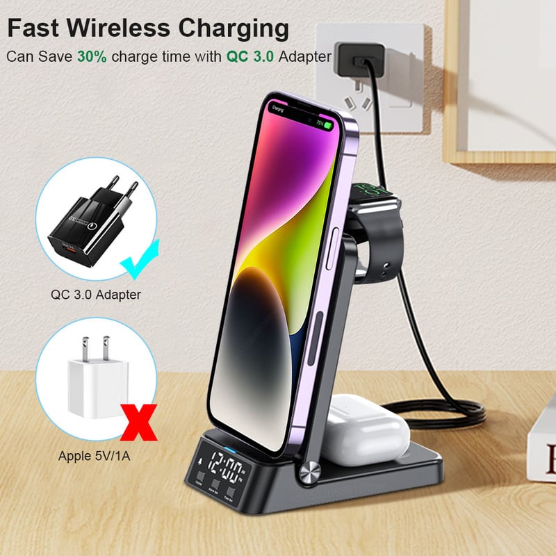 Bežični punjač za iPhone 14 13 12 Pro Max sklopivi 3 u 1 bežični punjač za Apple Watch 8/7 brzi punjač prijenosni
