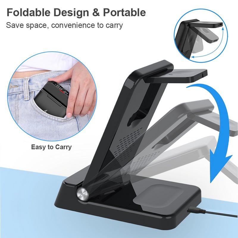 Bežični punjač za iPhone 14 13 12 Pro Max sklopivi 3 u 1 bežični punjač za Apple Watch 8/7 brzi punjač prijenosni