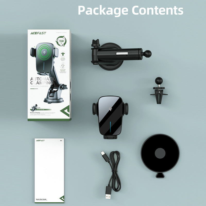 ACEFAST bežični punjač za automobil 15W Qi brzo punjenje, automatsko poravnavanje i automatsko stezanje, punjač za telefon, nadzorna ploča, ventilacijski otvor, držač vjetrobranskog stakla