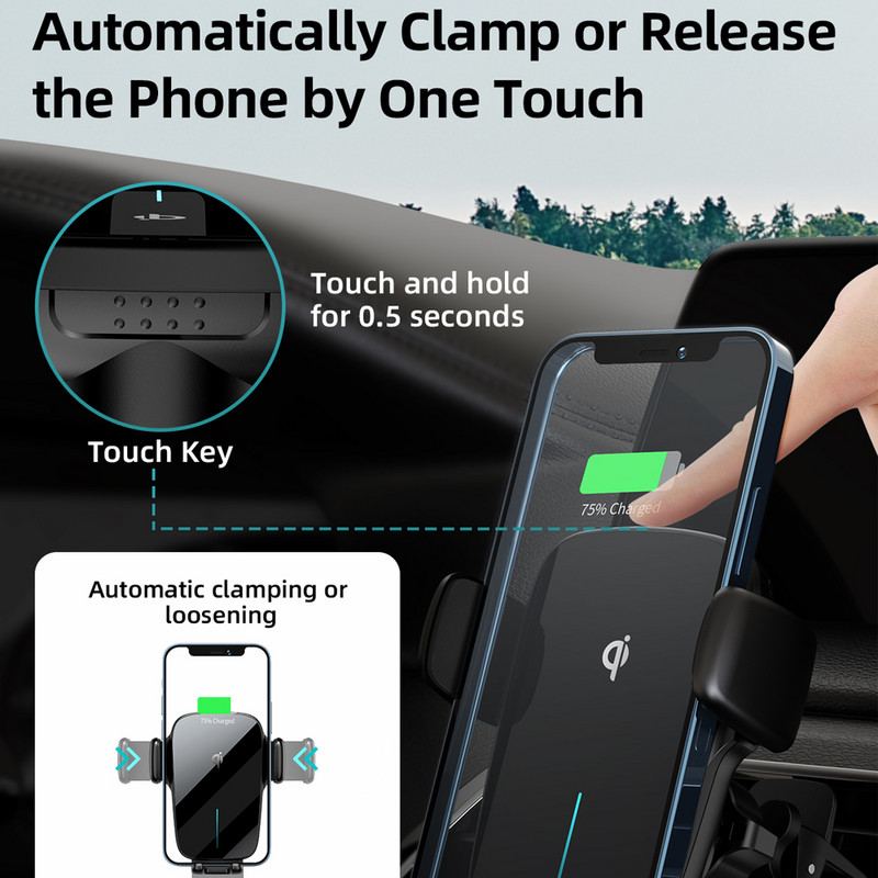 ACEFAST bežični punjač za automobil 15W Qi brzo punjenje, automatsko poravnavanje i automatsko stezanje, punjač za telefon, nadzorna ploča, ventilacijski otvor, držač vjetrobranskog stakla