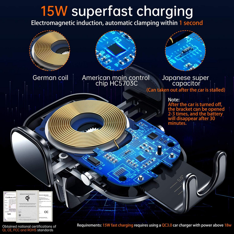 Indukcijski punjač za vozila od 15 W, držač za automobil za iPhone 13 12 11 Pro Max X 8, univerzalni nosač za bežično brzo punjenje za mobilni telefon