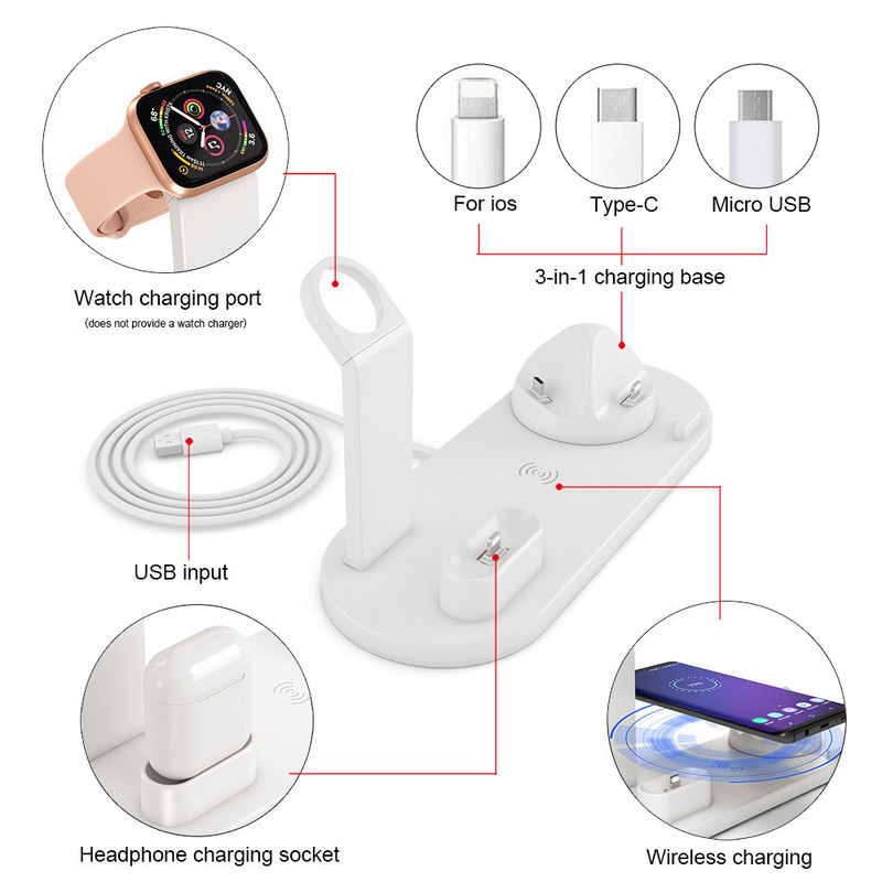 Încărcător fără fir Qi 4 în 1 pentru stație de andocare de încărcare iPhone pentru Apple Watch Airpods Încărcător Micro USB tip C Stand Încărcare rapidă