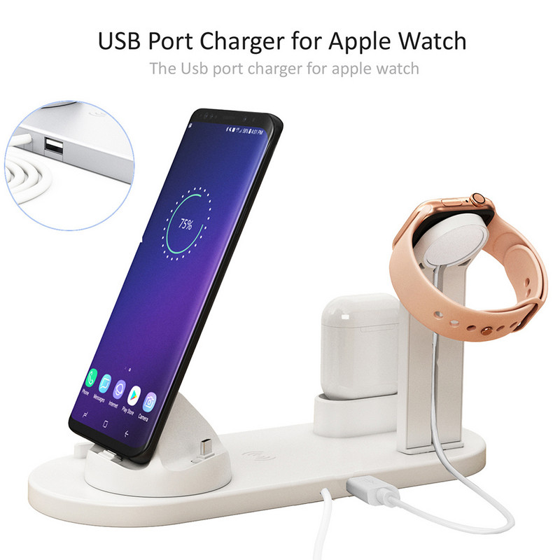 Încărcător fără fir Qi 4 în 1 pentru stație de andocare de încărcare iPhone pentru Apple Watch Airpods Încărcător Micro USB tip C Stand Încărcare rapidă