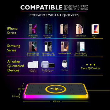 Ασύρματο φορτιστή αυτοκινήτου 15W Mat RGB 7 φώτα Αντιολισθητικό μαξιλαράκι για iPhone 14 13 12 Pro Max Samsung Car Fast Charging Phone Chargers