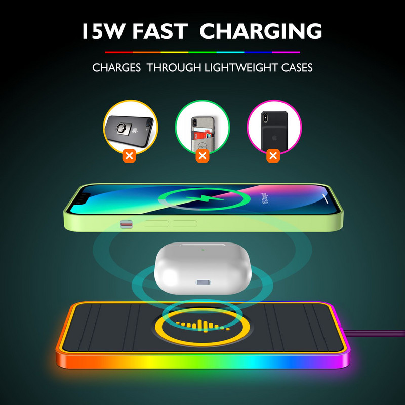 15 W auto juhtmevaba laadija matt RGB 7 tuled, libisemiskindel alus iPhone 14 13 12 Pro Max jaoks Samsungi auto kiirlaadimise telefonilaadijad