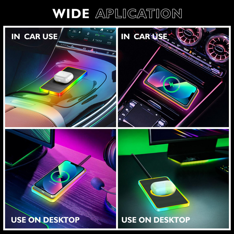 15 W auto juhtmevaba laadija matt RGB 7 tuled, libisemiskindel alus iPhone 14 13 12 Pro Max jaoks Samsungi auto kiirlaadimise telefonilaadijad