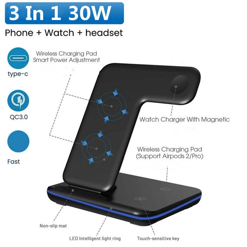 30W 3 u 1 stalak za bežični punjač za Apple Watch 8 7 Airpods Pro Dock Station za brzo punjenje za iPhone 14 13 12 11 XS XR X 8