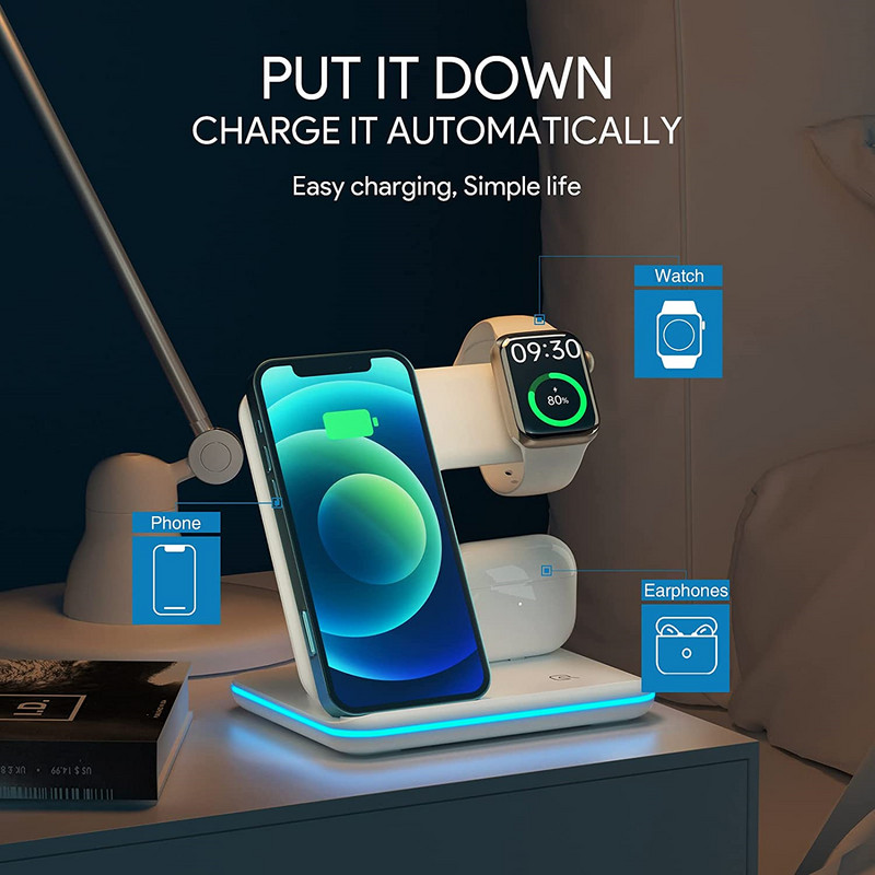 Stalak za bežični punjač za iPhone 13 12 11 XS XR X 8 3 u 1 15W stanica za brzo punjenje Dock za Apple Watch 7 6 SE 5 Airpods Pro