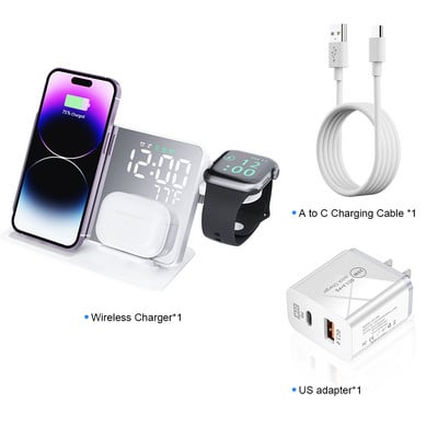 Bežični punjač 3 u 1 Dock za punjenje za iPhone14 13 12 11 Pro Stalak za brzi punjač za Apple Watch 8 7 6 5 4 3 s budilicom