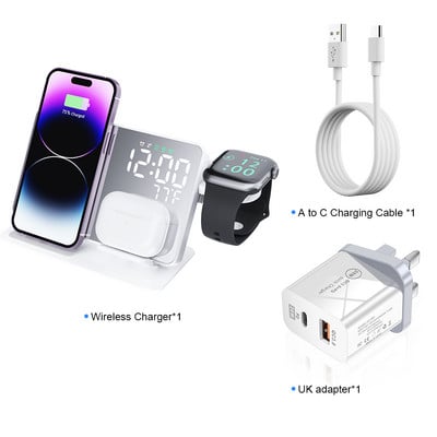 Bežični punjač 3 u 1 Dock za punjenje za iPhone14 13 12 11 Pro Stalak za brzi punjač za Apple Watch 8 7 6 5 4 3 s budilicom