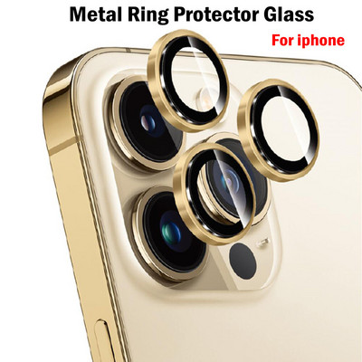 Закалено стъкло с метален пръстен за iPhone 14 13 11 12 Мини протектор на екрана на обектива на камерата за iPhone 12 13 14 Pro Max Защитно покритие