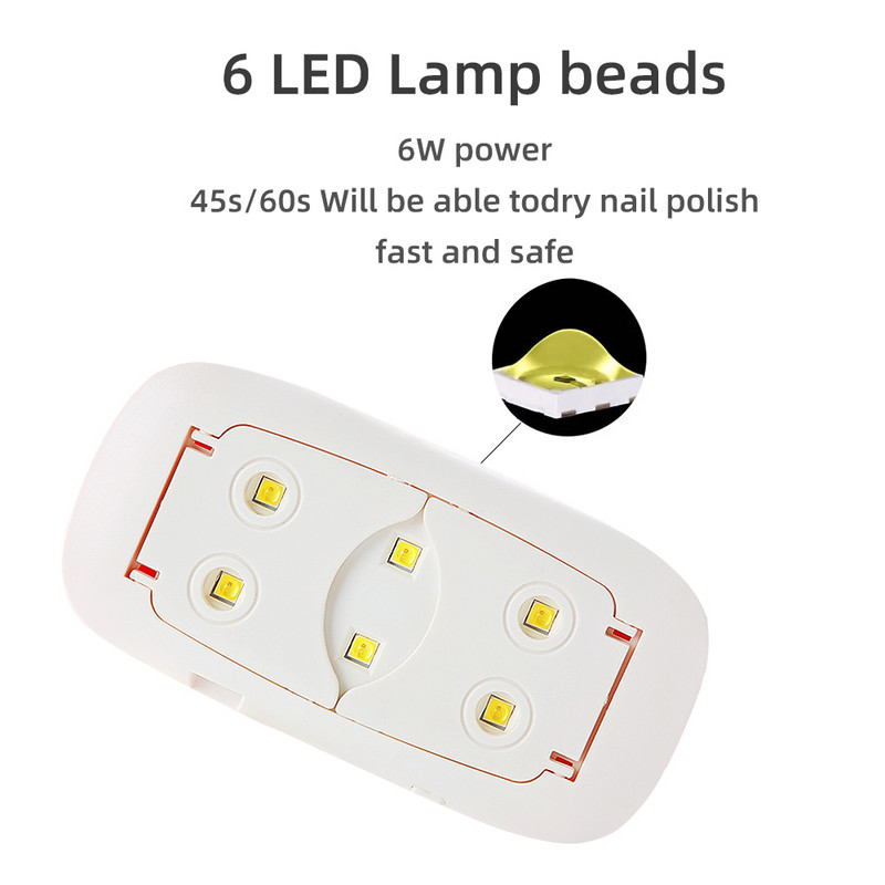6W mini nagų džiovintuvo mašina, nešiojama 6 LED UV manikiūro lempa namuose naudojama nagų lempa, skirta džiovinti nagų lako laką su USB kabeliu