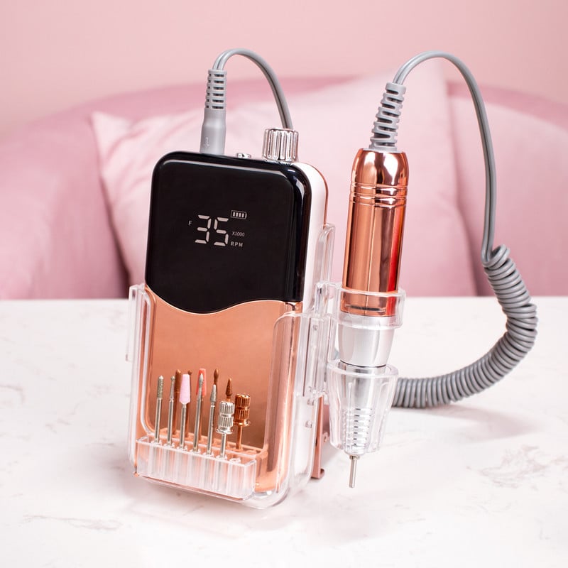 Metallic Gold Color 35000 RPM elektromos körömfúró elektromos körömreszelő gép körömfúró akkus polírozó asztali talppal