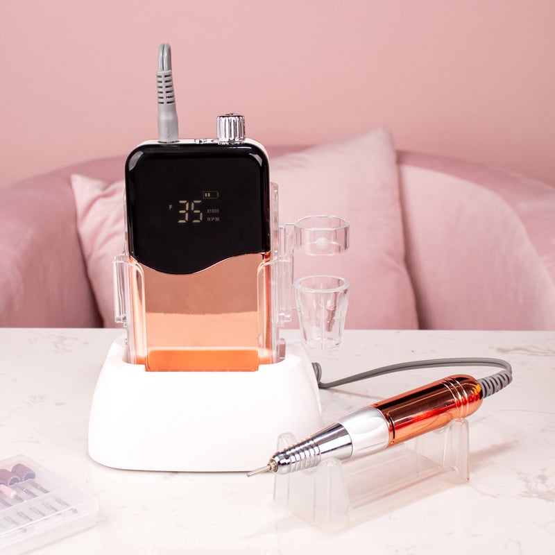 Metallic Gold Color 35000 RPM elektromos körömfúró elektromos körömreszelő gép körömfúró akkus polírozó asztali talppal