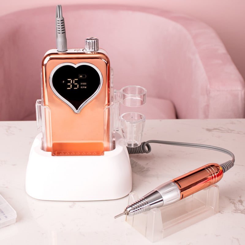 Metallic Gold Color 35000 RPM elektromos körömfúró elektromos körömreszelő gép körömfúró akkus polírozó asztali talppal