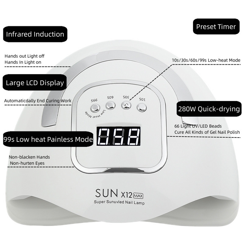 Nagy teljesítményű SUN X12 MAX 66 db Körömlámpa UV Led Minden köröm géllakk szárításához nagy LCD érintőképernyővel Smart Sensor manikűr szalon