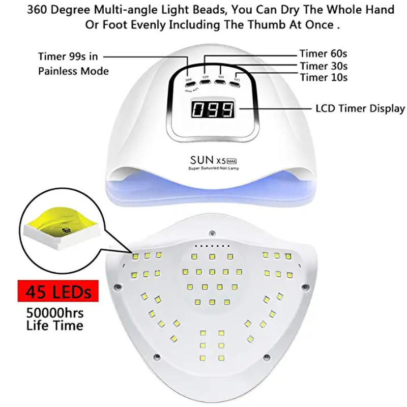 Lampă UV LED pentru unghii SUN X5/X10 pentru manichiură Uscător de unghii profesional 120W cu Lampă pentru uscare unghii cu 45 leduri pentru oja cu gel cu uscare rapidă